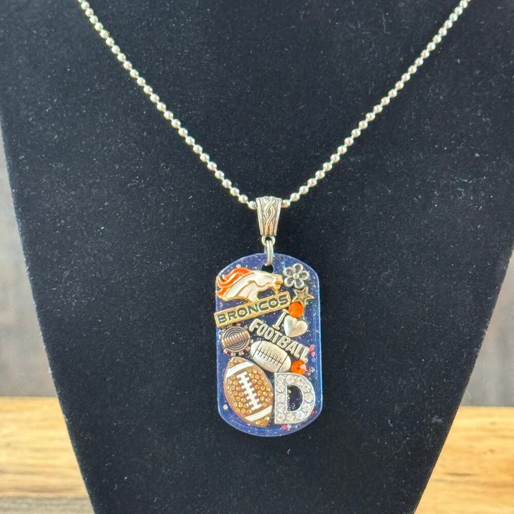 Denver Broncos Custom Junk Charm Dog Tag Necklace 30" Ball Chain Rhinestone